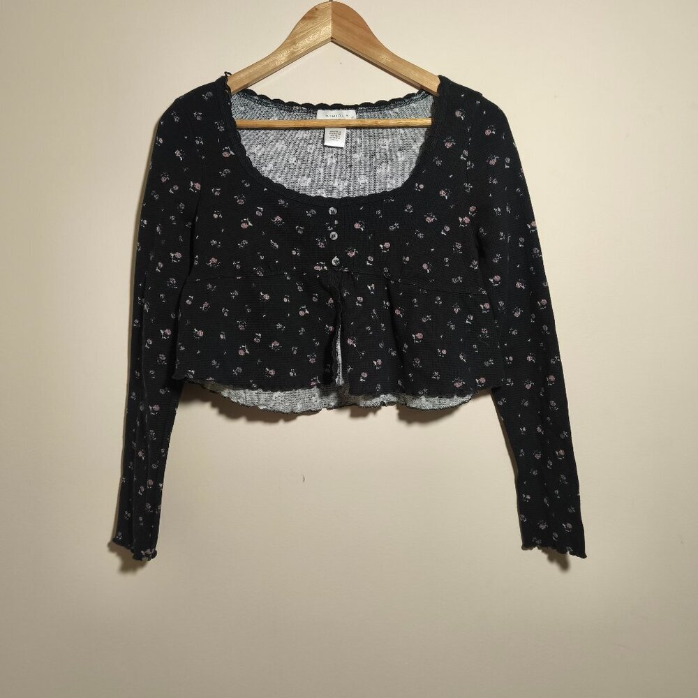 Kirious Empire Waist Waffle Knit Thermal Floral Babydoll Cropped Top sz M/L Blac